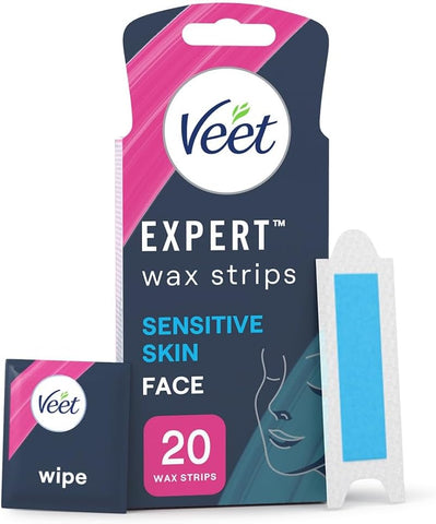Veet Expert Waxing Strips for Sensitive Skin with Hydrating Almond Oil and Argan Finish Wipes