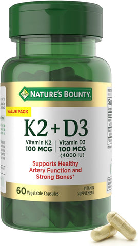 Nature's Bounty Vitamin D3 4000 IU and K2 100 mcg Capsules for Heart and Bone Health Support