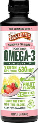 Barlean's Pink Lemonade Vegan Omega 3 Liquid Algae Oil Supplement with 630mg EPA & DHA, Non-GMO, Gluten-Free, 16 oz