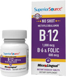 Superior Source No Shot Vitamin B-12 Methylcobalamin 1000mcg, B-6 & Folic Acid 800mcg, 60 Sublingual Tablets