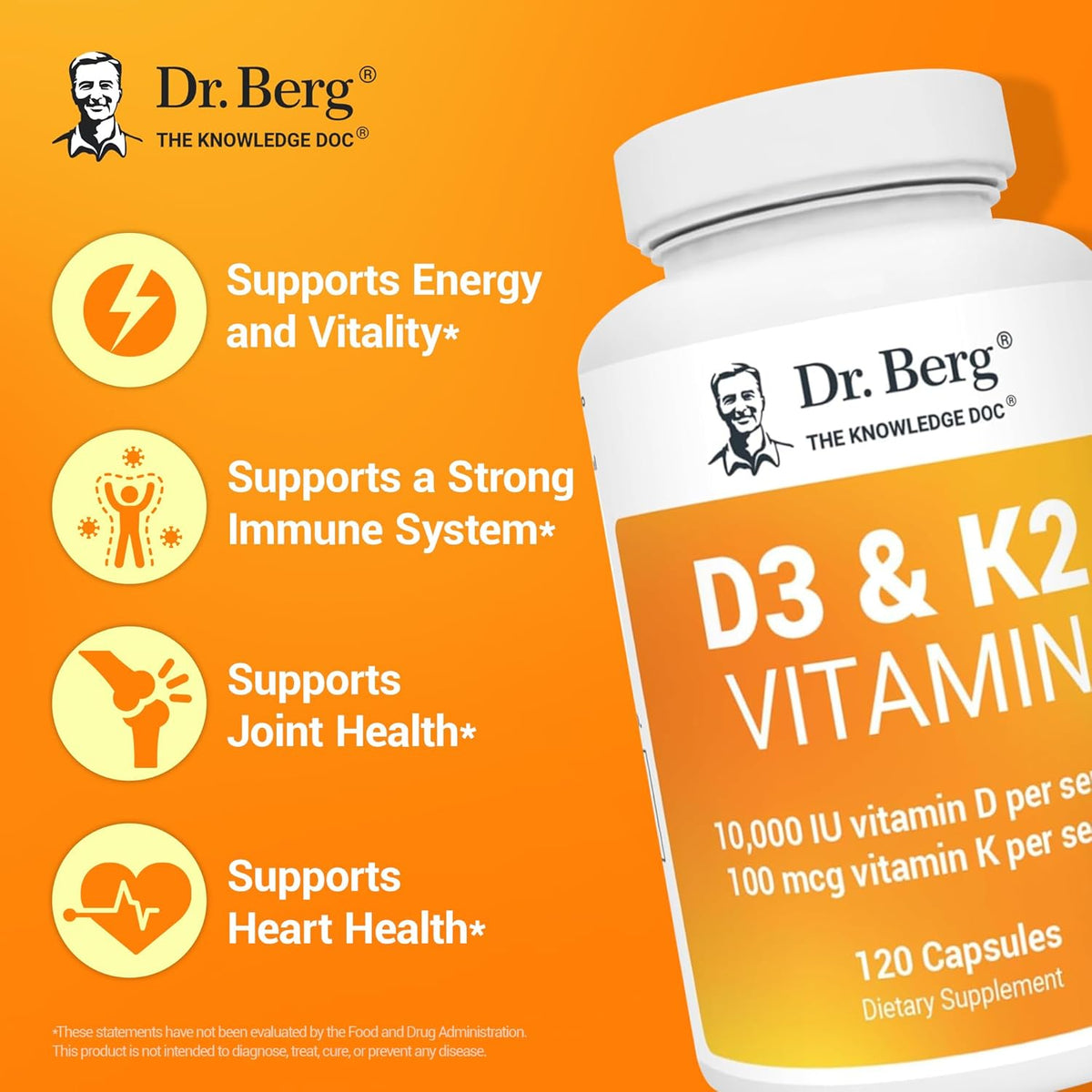 Dr. Berg Vitamin D3+K2, (10000 IU+100mcg), High Strength, 120 Capsules ...