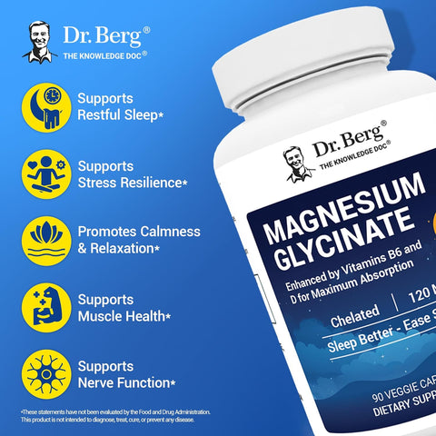 Dr. Berg Magnesium Glycinate Chelated Supplement with Vitamin D3 B6 Zinc for Stress Relief and Sleep Support 90 Capsules