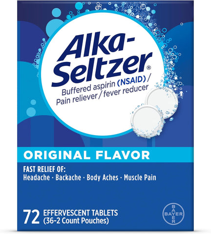Alka-Seltzer 72 Effervescent Tablets Original Flavor, Fast Multi-Symptom Relief from Headache and Body Ache, Dissolvable Effervescent Fizzy Tablets
