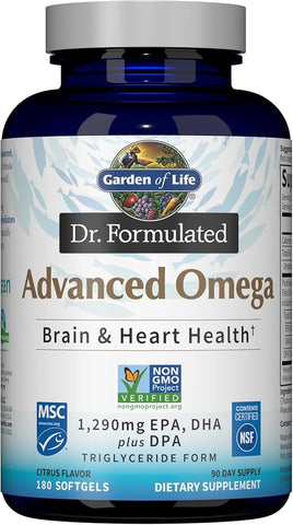 Garden of Life Dr. Formulated Advanced Omega Fish Oil - Lemon, 1,290mg EPA, DHA + DPA in Triglyceride Form, Single Source Omega 3 Supplement for Ultimate Brain & Heart Health, Non-GMO, 180 Softgels