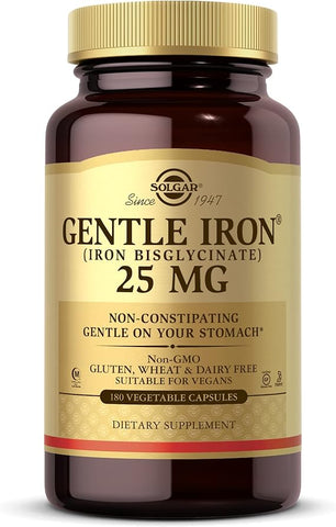 Solgar Gentle Iron (Iron Bisglycinate) 25 mg - 180 Vegetable Capsules - Non-Constipating, Gentle on Your Stomach - Non-GMO, Gluten Free - 180 Servings