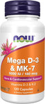 NOW Supplements, Mega D-3 & MK-7, 5000 IU / 180 mcg, Bone & Cardiovascular Support*, Vitamins K-3 & K-2, 120 Capsules