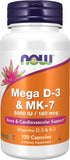 NOW Supplements, Mega D-3 & MK-7, 5000 IU / 180 mcg, Bone & Cardiovascular Support*, Vitamins K-3 & K-2, 120 Capsules