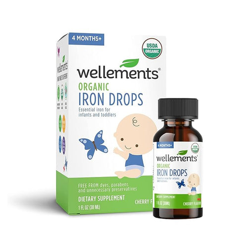 Wellements Organic Iron Drops, 1 Fl Oz, Liquid Iron Vitamin Supplement for Infants and Toddlers, Free from Dyes, Parabens, Preservatives