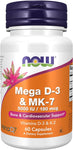 NOW Supplements, Mega D-3 & MK-7 with Vitamins D-3 & K-2, 5,000 IU/180 mcg, Bone & Cardiovascular Support*, 60 Veg Capsules