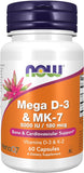 NOW Supplements, Mega D-3 & MK-7 with Vitamins D-3 & K-2, 5,000 IU/180 mcg, Bone & Cardiovascular Support*, 60 Veg Capsules