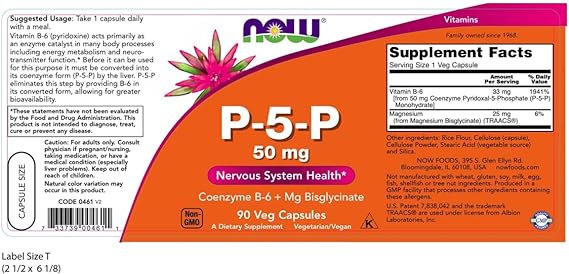 NOW Supplements, P-5-P 50 mg with Coenzyme B-6 + Mg Bisglycinate, 90 V ...