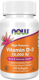 NOW Supplements, Vitamin D-3 10,000 IU, Highest Potency, Structural Support*, 120 Softgels