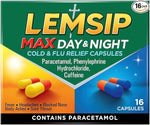 Lemsip Max Day & Night Cold & Flu Relief 16 Capsules, Contains Paracetamol, For Fever, Headaches, Body Aches, Blocked Nose, Sore Throat Relief