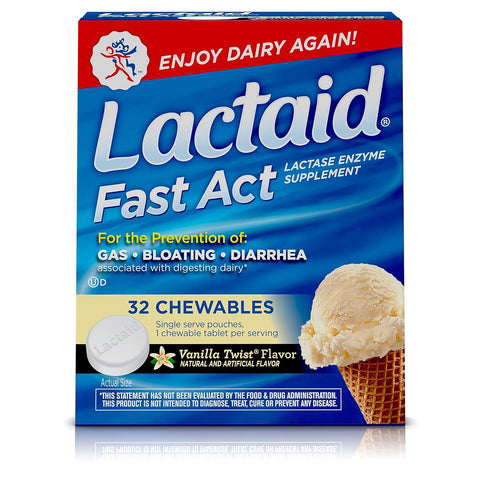 Lactaid Fast Act Lactose Enzyme Supplement, Vanilla Twist Flavor, Chewable Tablet, 32 Tablets