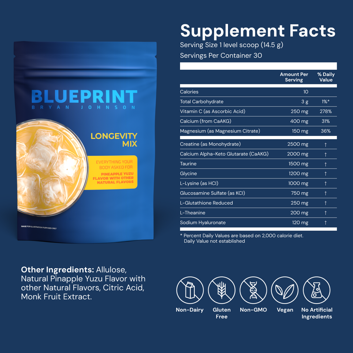 Blueprint by Bryan Johnson, Longevity Mix, Pineapple Yuzu, 434g – CareSoul