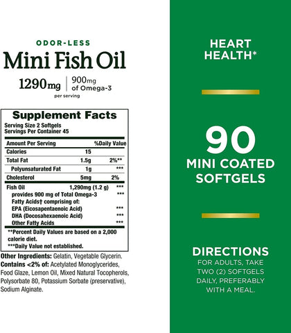 Nature's Bounty Mini Fish Oil Softgels 1290 mg, Omega-3, Supports Heart Health, Odor-Less, 90 Mini Coated Softgels