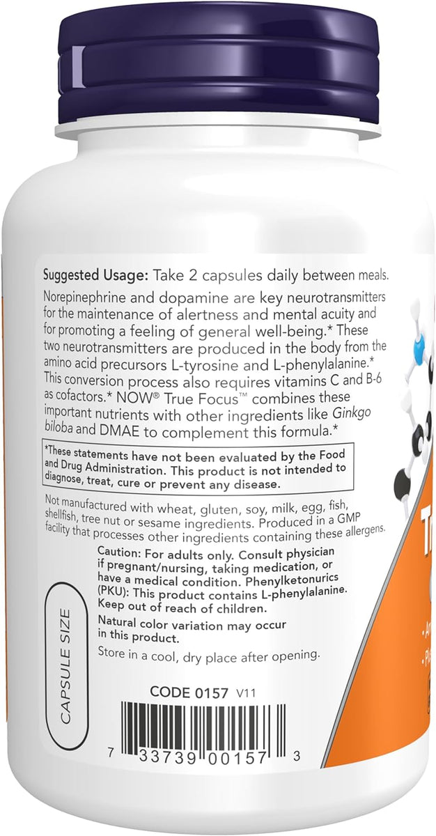 NOW Supplements, True Focus™ with Amino Acids, Ginkgo, DMAE + CoQ10 an ...