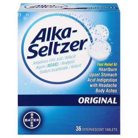 Alka Seltzer 36 Effervescent Tablets, for Anti Hangover, Heartburn, Acidity